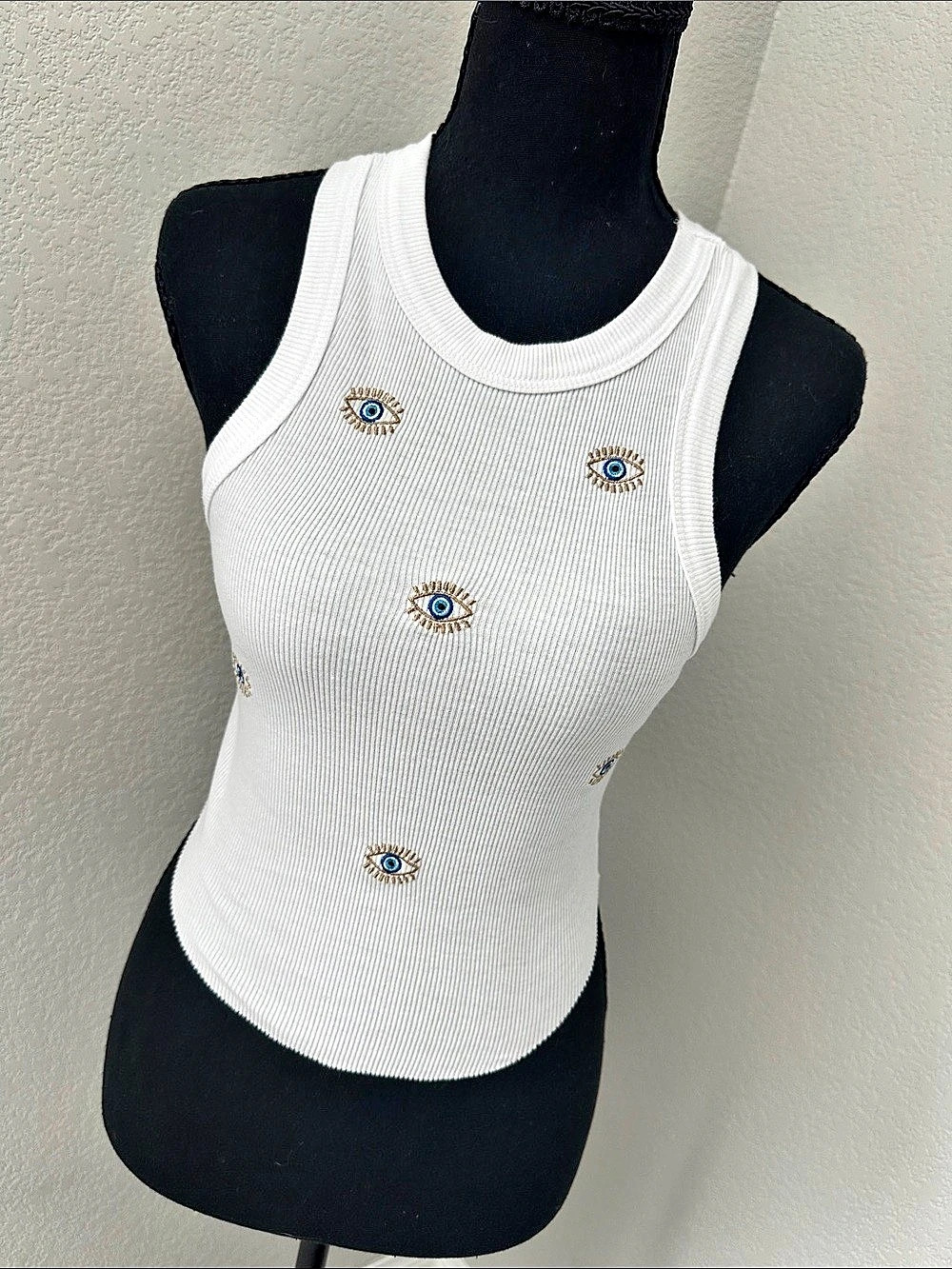 Dirty Laundry All Over Evil Eye Embroidered Tank Top White